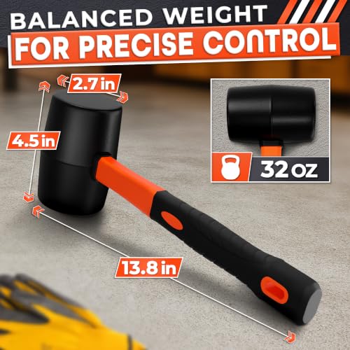 Image of Rubber Mallet Hammer 32 Oz, Orange, Soft Face Non-Marring Head | Soft Non-Marring Rubber Head, Ergonomic Non-Slip Handle; Flooring, Decking, Paver and Tent Stake Work; Anti-Vibration Grip