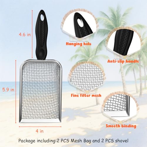 QINGLER 2 PCS Beach Mesh Shovel Sand Sifters with 2 PCS Mesh Beach Bag, Shark Tooth Sifter for Shell Collecting, Filter Sand Scooper Shells Tools for Boys and Girls