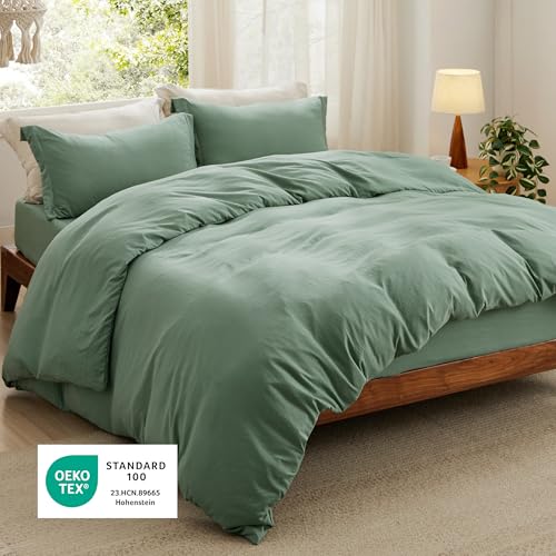 Image of Bedsure Duvet Cover King Size with Fitted Sheet - 4 Pieces Prewashed Cotton-Like Polyester Extra Soft Bedding Set, Includes 1 Duvet Cover 104x90 Inches, 2 Pillow Shams, 1 Fitted Sheet, Sage Green