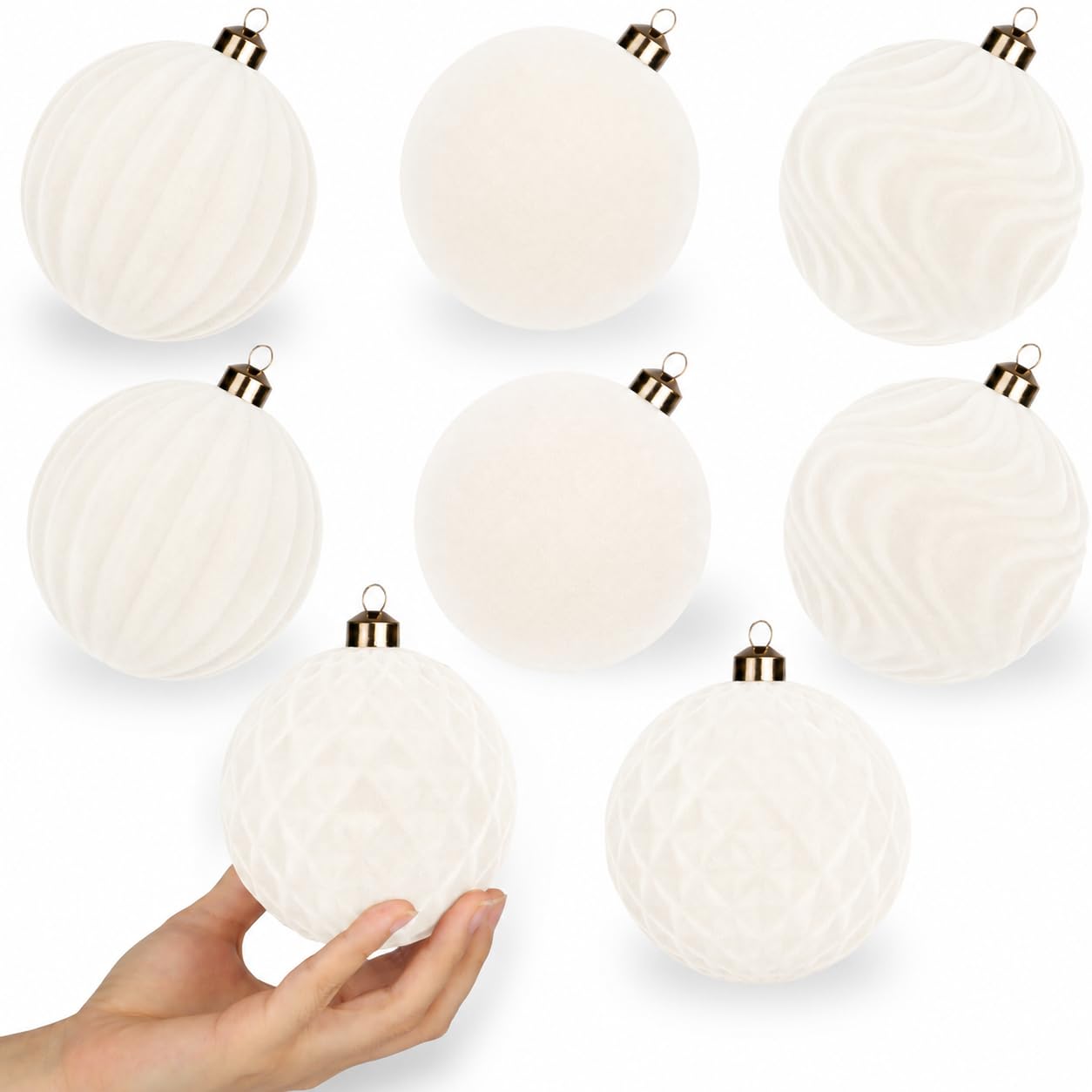 4 Inch Velvet Christmas Ball Ornaments, 8 Pack, Cream Flocked Decor