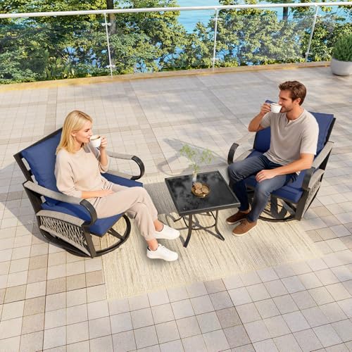 Image of 3 Pieces Outdoor Furniture Set, Metal 360 Swivel Rocking Chairs Bistro Sets, Patio Conversation Set with Side Table for Deck, Porch, Garden, Backyard, Poolside (Blue Cushions)