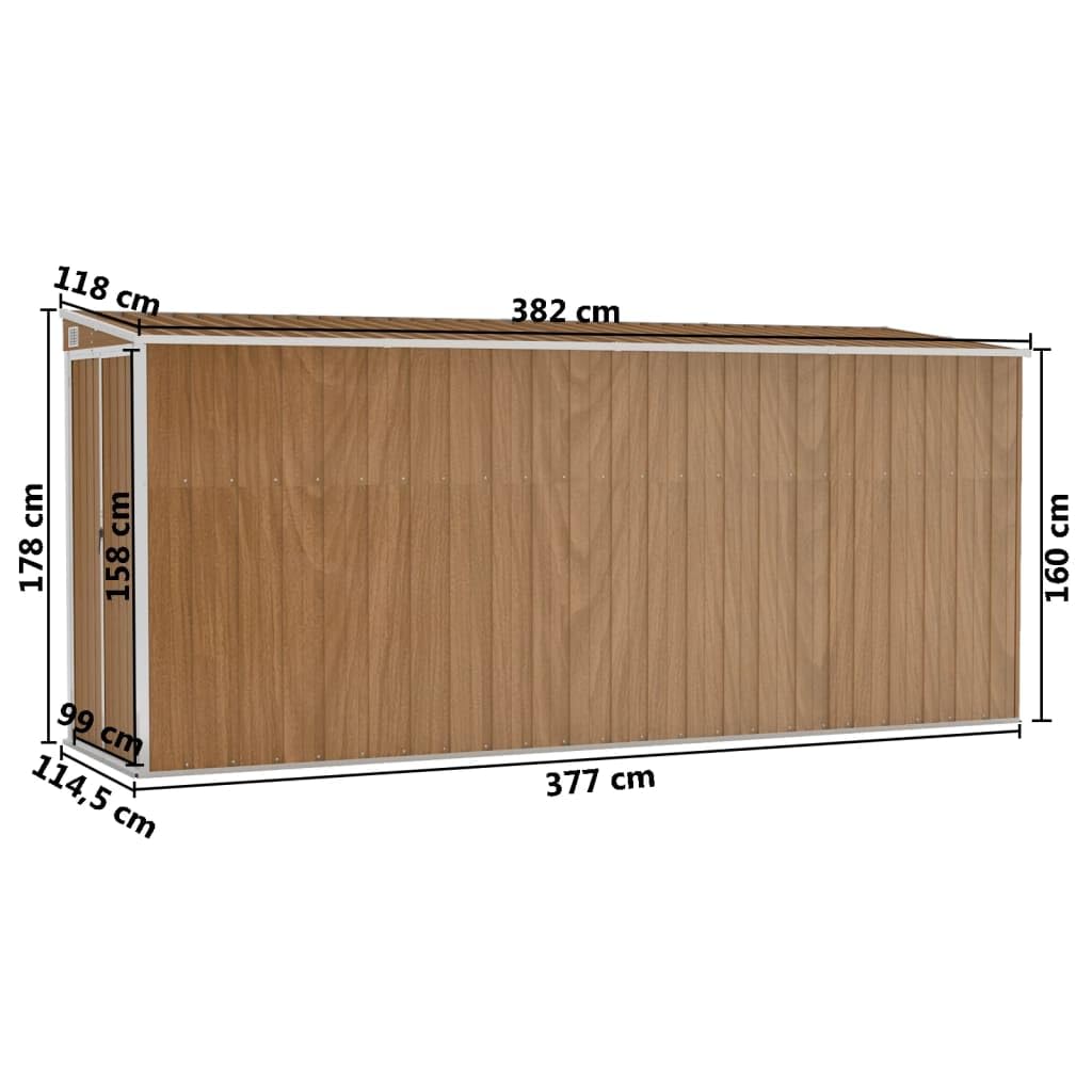 KOIECETA Anbauschuppen Wand Geräteschuppen Gartenhaus Gerätehaus Gartenschrank Gartenschuppen Fahrradhaus Schuppen Braun 118x382x178 cm Verzinkter Stahl