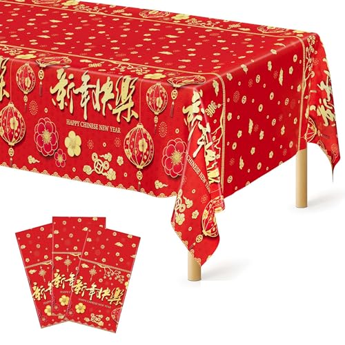 Image of 3 Pack Chinese New Year Decorations 2026, 54 x 108 Inches Red Plastic Table Cloths, Disposable Lunar New Year Table Cloth Rectangle Tablecloths Tablecover, Spring Festival Year of the Horse Decor