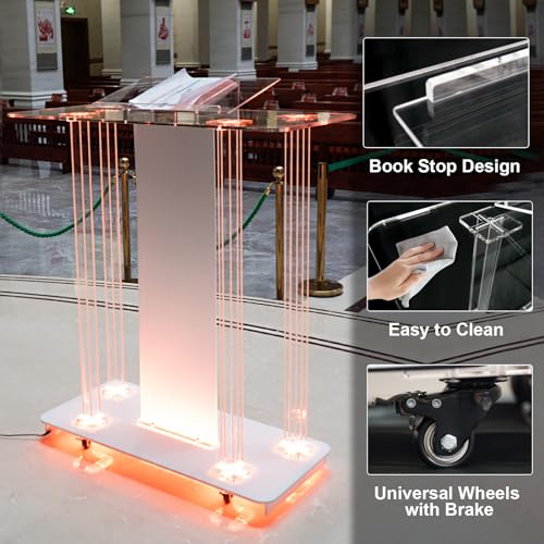 Miniatura 3 de Afitdon Iglesias Púlpito, Atril De Acrílico Transparente Con Ruedas Y Luz Led Ajustable De 15 Colores, Soporte De Podio Grande De Acrílico Para Iglesia, Concierto, Conferencia, Boda, Aula
