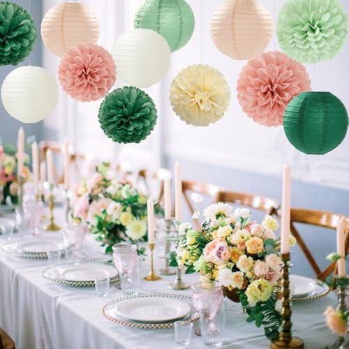 Image of Sage-Green Pink Party-Decorations Paper-Flowers Lanterns - 15PCS Birthday Boho Rustic Tissue Pom Poms Streamers,Baby Shower Neutral Wedding Graduation Bridal Safari Hanging Supplies Decor Hugfond