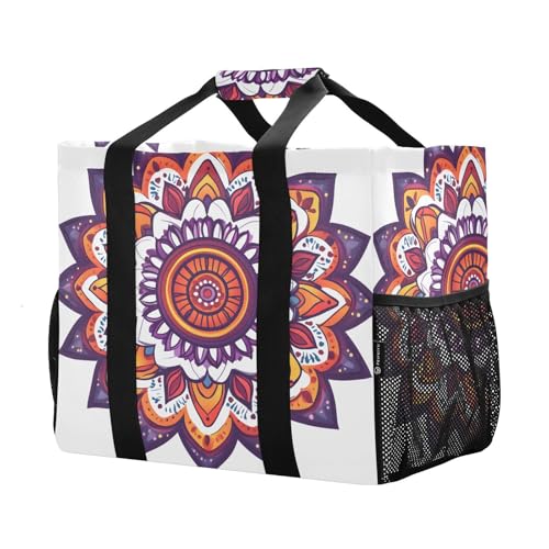 Large Waterproof Travel Tote Bag for Women Men, Floral Indian Mandala Canvas Beach Bag with Lining & Pockets - Reusable Grocery/Laundry/Kitchen/Pool/Picnic Tote (15.4x9.8x12.8in)2