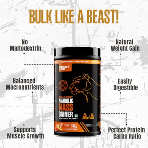 Image of BeastLife High Protein Mass /Weight Gainer | 500 Gram | Strawberry Banana | NABL LAB Tested | For Muscle Gain & Fast Growth | Cereal-Based Formula, No Maltodextrin | India's #1 Cereal Based Bulk Gainer