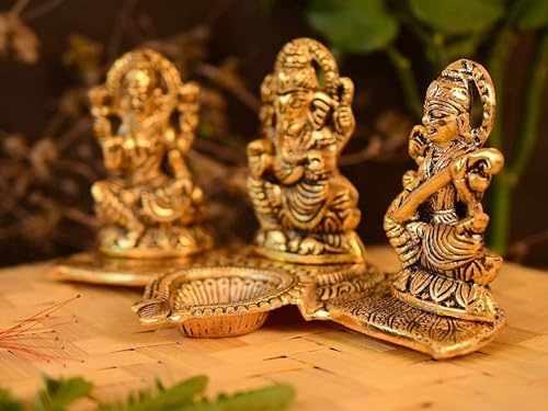 Image of Kalakriti God Idols for puja Room Metal Antique Ganesh laxmi Saraswati Idol Murti |Decorative Platter with Diya, Sitting Blessing Ganpati for Diwali Decoration Festival, Golden