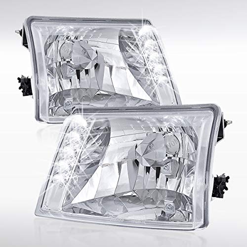 Autozensation Compatible with Ford Ranger 1998-2000, Led Headlights Chrome, L+R Pair Head Light Lamp Assembly