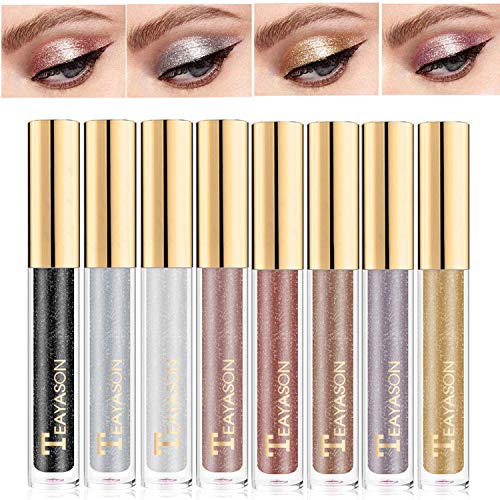 BELLESKY Glitter Liquid Eyeliner Set 8 Colors Black Silver Gold High Pigment Metallic Shine Eyeliner Long Lasting Waterproof & Smudgeproof Sparkling Eyeshadow (Glitter, 8 PCS)