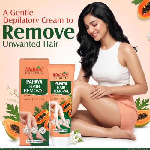 Image of Multani Naturals Papaya Hair Removal Cream 60 ml (Pack of 2) | Suitable for Most Skin Types | Removes Hair in Minutes | Exfoliating formula Enriched with Papaya Fragrance and Vitamin E | Painless, Easy, and Effective Hair Removal for Men and Women