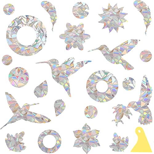 RUNRAYAY 24Pcs Bird & Ring Window Clings with Scraper, Rainbow Window Film Suncatcher Stickers for Glass Windows, Window Decals for Bird Strike Prevention