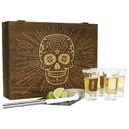 Atterstone Tequila Shot Glass Sugar Skull Wooden Box Set For Men And Women - 4 Premium Shot Glasses, Garnish Knife, Lime Cutting Stone, Salt Tin, Perfect For Themed Parties And Holiday Gifts #TOP3