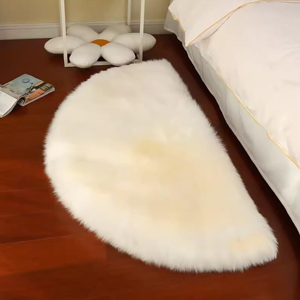 Tapis demi-lune en peau de mouton véritable et moelleuse, demi-rond, en laine de mouton douce pour décoration d'intérieur, salon, chambre à coucher, sol confortable (90 x 180 cm)