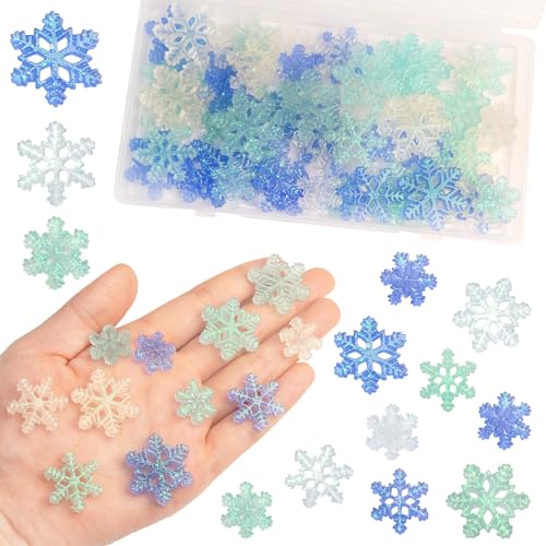 HADDIY Mini Snowflakes Decorations,60 Pcs Plastic Blue Glitter Small Snowflake for Christmas Miniature Craft,Embellishments and Winter Party DIY -3 Different Size