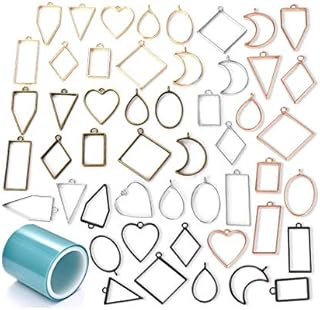tao pipe 50PCS Open Bezel Frame Pendants Charm Geometric Hollow Trays Assorted Shape Open Back Pendants Molds with 1 Roll of Seamless Tape