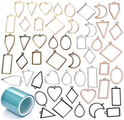 tao pipe 50PCS Open Bezel Frame Pendants Charm Geometric Hollow Trays Assorted Shape Open Back Pendants Molds with 1 Roll of Seamless Tape