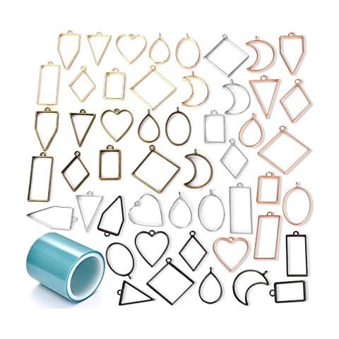 tao pipe 50PCS Open Bezel Frame Pendants Charm Geometric Hollow Trays Assorted Shape Open Back Pendants Molds with 1 Roll of Seamless Tape Cover