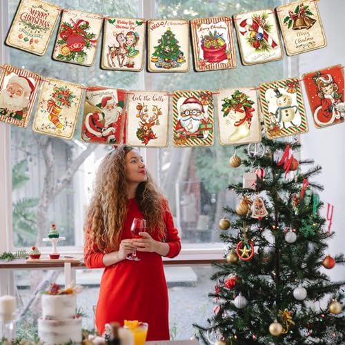 Image of HASTHIP Christmas Decorations Wall Hanging Vintage Christmas Banner Vintage Cartoon Print Hanging Banner for Door, Porch, Room, Window, Xmas Decorations Items