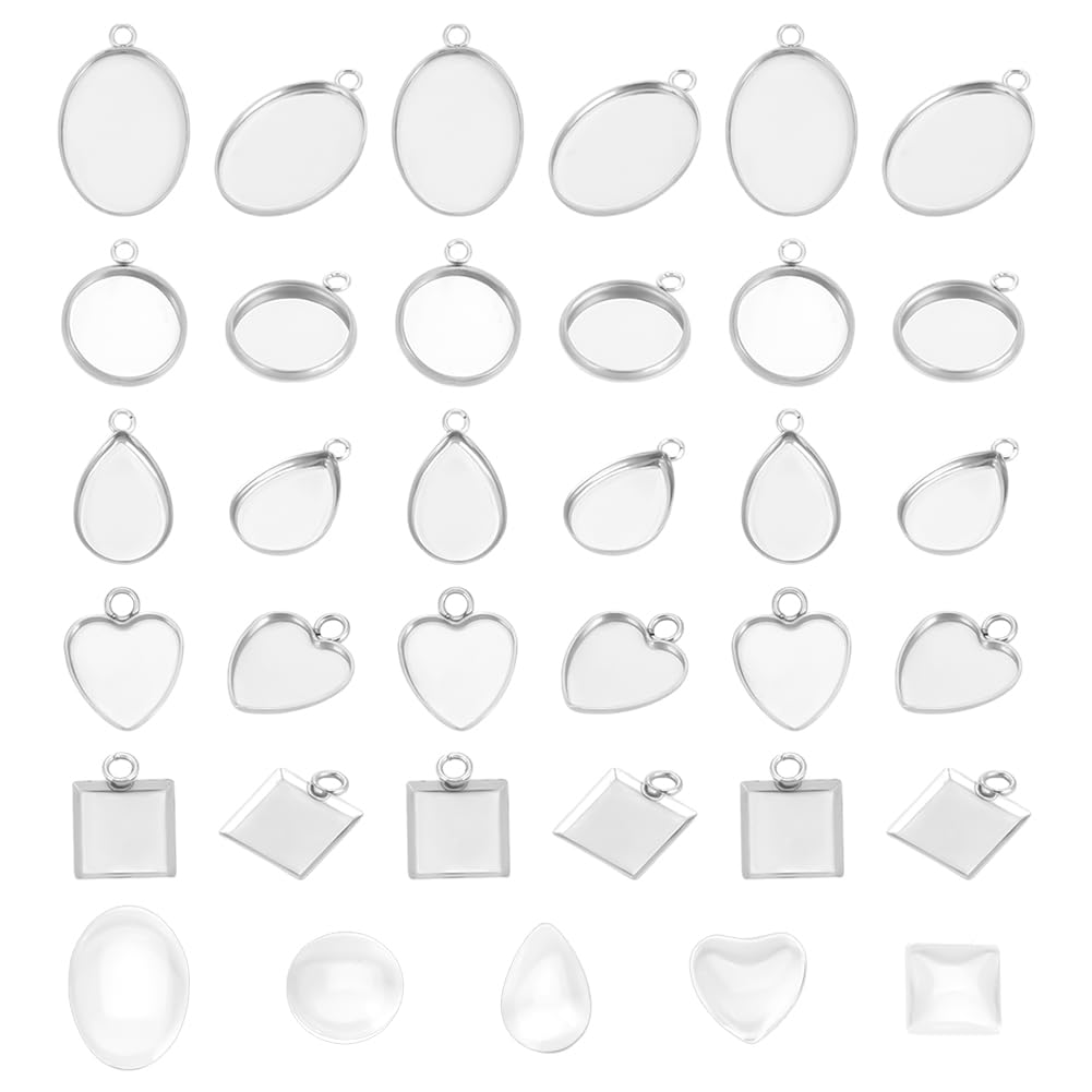 UNICRAFTALE 200 pezzi 5 stili cabochon ciondolo in acciaio inox con lunetta nuda ovale a forma di goccia a forma di cuore piatto quadrato base cabochon ciondolo per la creazione di gioielli, Metallo