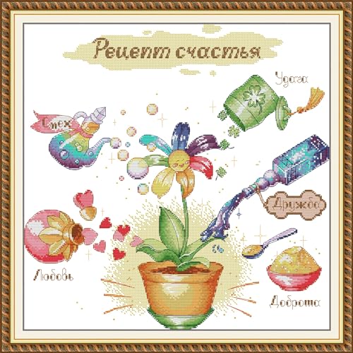 Image of Howie's Needlepoint Cross Stitch Kits, 14CT Pre-Printed Pattern Needlepoint Kits, Full Range of Stamped Starter Kits(Recipe for Happiness,17.32 x 17.6 inch)