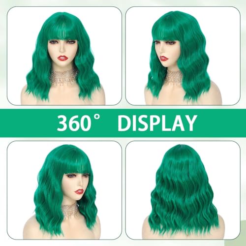 Image of Pastel Green Wavy Bob Wig for Women, Short Shoulder Length Synthetic Wig with Bangs, Natural Looking Lightweight Hairpiece for Gift & Cosplay Costume Party