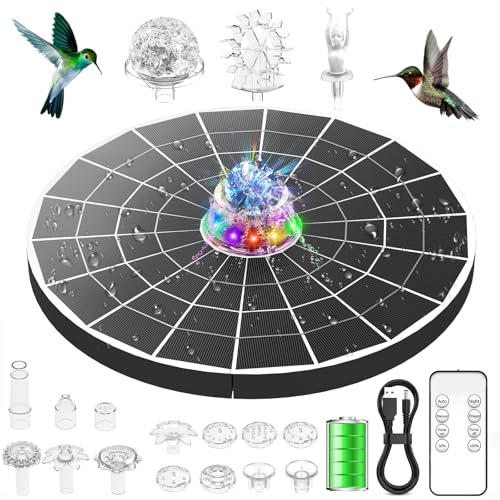 AISITIN 9W Solar Fountain Pump 2026 Solar Water Fountain Kit with 6600mAh Rechargeable Battery & 14 Nozzles & Charging Cable & Remote Control & 11 Colorful LED Lights for Garden Pond Pool Outdoor