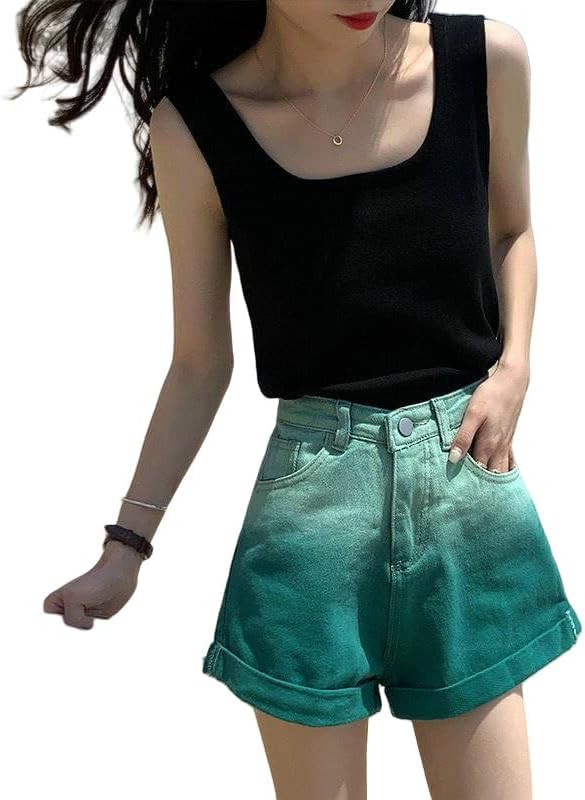 Gradient Denim Shorts Women's Summer High-Waist Slimming Wide Leg Loose A-Line Hot Shorts Ins Style Summer Thin