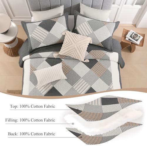 SOElinens Quilt Queen Size - 100% Cotton Quilt Set with Matching Shams, Plaid Design Farmhouse Quilt for Queen Bed, 3 Pieces Lightweight Coverlet Home Decor for All Season, Gray/Brown/Beige — view 5