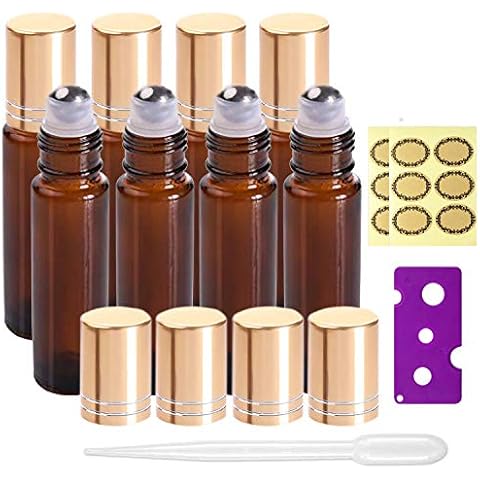 JamHooDirect 8Pcs 10ml Essential Oils Roller Bottles, Refillable Amber Glass Roll on Bottles with Golden Lids, Includes 12Pcs Stickers, 1 Dropper & 1 Opener - Great for Aromatherapy, Fragrance Cover