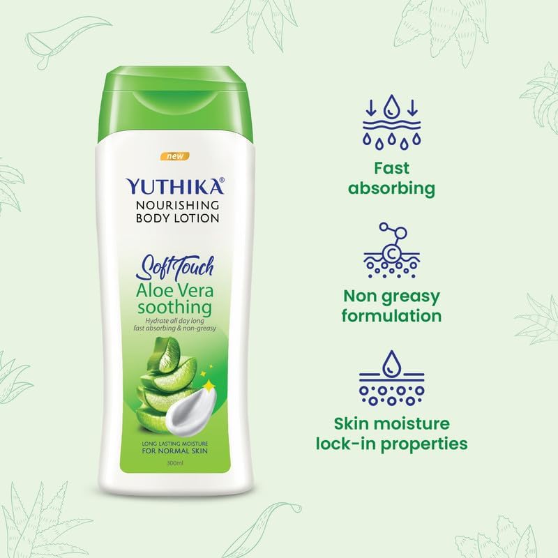 Image of Yuthika Naturals Aloe Vera Soft Touch 300ml Body Lotion for Women & Men | 72Hr Hydration | for Dry to Very Dry Skin | Enriched with Aloe Vera | Non Greasy & Healthy Looking Skin