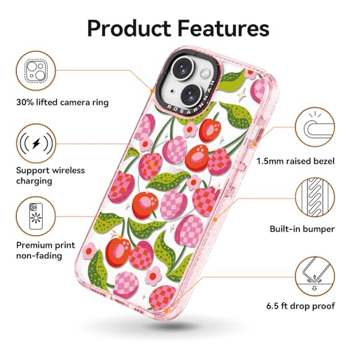 Rosarnnah for iPhone 14 Case Cute - Compatible with Magsafe - Durable Shockproof 6.6 ft Drop Impact Phone Case - Funny Plaid Cherry Design (6.1") Glitter Pink by Rosarnnah - Image 5