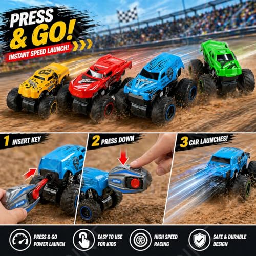 Image of PLUSPOINT Monster Truck Toys for Kids - 8 Pack Big Wheel Off-Road Die-Cast Metal Trucks with 4 Launchers, Free Wheel Cars for Boys Girls Ages 3-7, Birthday Gift Set