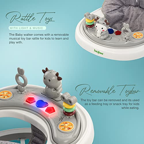 Image of Baybee Moono Round Baby Walker for Kids with Push Handle, 4-Level Height Adjustment, Musical Toy Bar | Activity Walker for Babies 6-18 Months (Grey)
