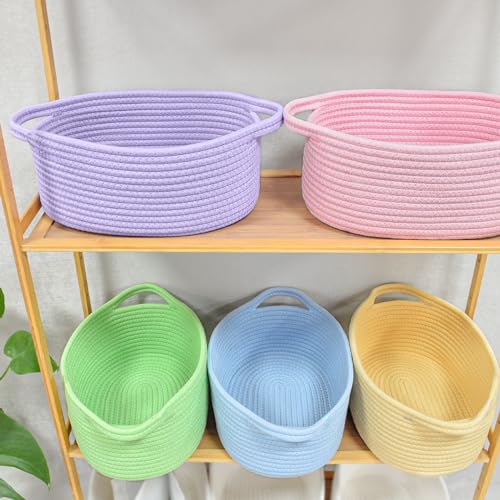 Image of ABenkle Small Basket with Handles, Boho Decorative Rope Woven Dog Cat Toy Storage Bin Shelf Storage Organizer, Easter Christmas Gift Basket, 12 inchx8 inchx5 inch
