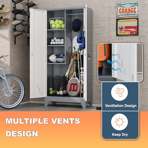 Image of Broom Closet Storage Cabinet, Metal Garage Storage Cabinet with 2 Doors & Pegboard, 61 inch Utility Cabinet with Hanging Rod, Tool Cabinet for Garage, Laundry Room, Home Office, White-Gray