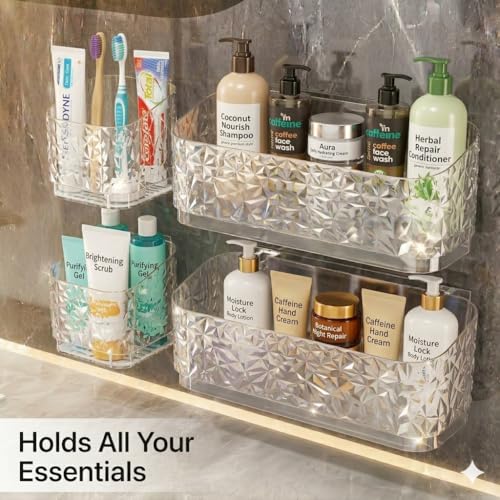 Image of Luxura Self Adhesive Bathroom Shelf Set of 4 | Clear Acrylic Bathroom Organizer | Wall Mounted Bathroom Rack | Waterproof & Rustproof Storage Shelf for Bathroom & Kitchen