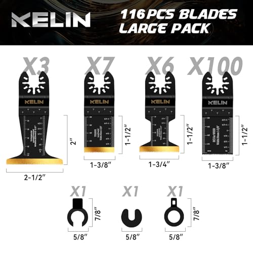 Image of KELIN 116-Piece Oscillating Multi Tool Blades Kit, 4 Types Titanium Saw Blades for Wood, Metal, Drywall, Pipes - Fits Dewalt, Bosch, Milwaukee & 98% Oscillating Tools