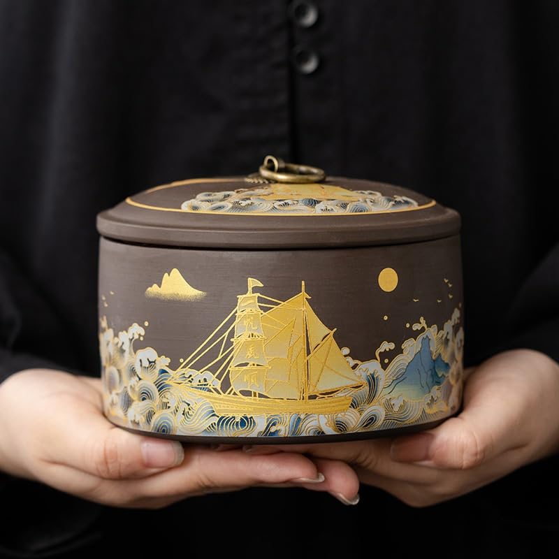 Puszki na herbatę na herbatę sypką Ceramiczne fioletowe puszki na herbatę z piasku Opakowanie Pudełko Retro Czarny Zielony Pu'er Jin Jun Mei Uniwersalny uszczelniony słoik ceramiczny(A)