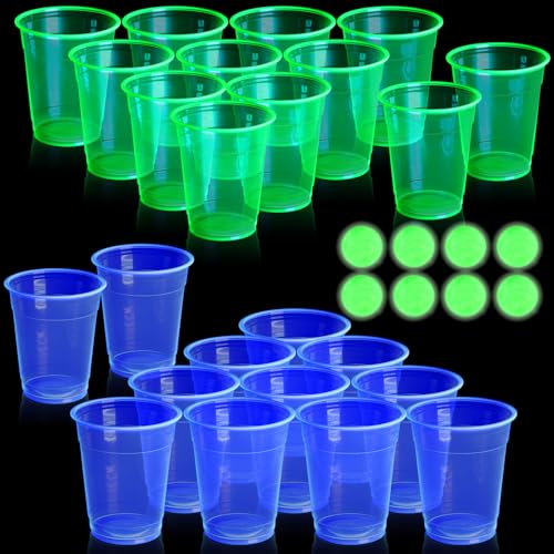 Ferrochef 32 Pcs Glow in the Dark Party Table Tennis Game Set Include 24 Pcs Glowing Plastic Cups and 8 Balls for Indoor Outdoor Party Event Birthdays Weddings BBQ Parties (Blue and Green)