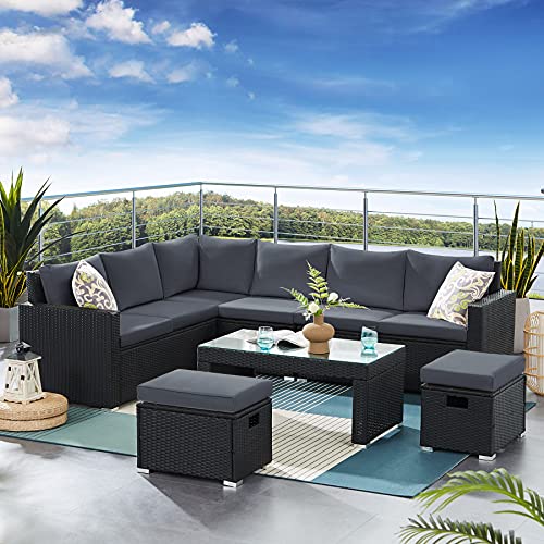 Emkk Outdoor Patio Furniture, 6 Piece Dining Sectional Sofa With Table And Chair, All Weather Wicker Conversation Set W/Ottoman For Backyard Lawn Garden, Grey Lfr #TOP6