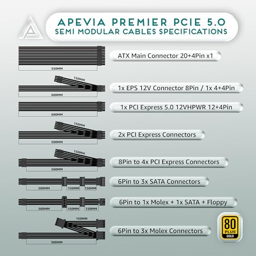Image of Apevia ATX-PM1000W PCIe 5.0 & ATX 3.0 Ready Premier 1000W 80+ Gold Certified, Includes PCIe 5.0 / Gen 5 12VHPWR Connector, Active PFC ATX Semi-Modular Gaming Power Supply with 366 RGB Light Modes
