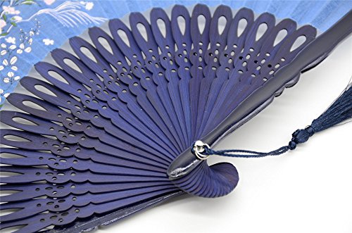 OMyTea "Grassflower Folding Hand Held Fan for Women - Chinese/Japanese Vintage Retro Style - With a Fabric Sleeve for Protection (Blue) - Image 3