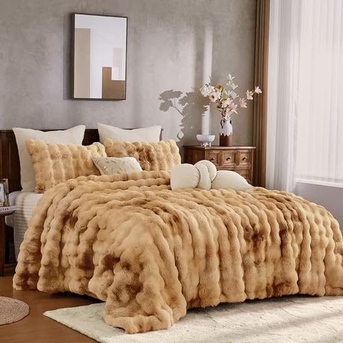 Image of Wonderful - 3 Pieces Faux Rabbit Fur Comforter Set King Size, Caramel Tie Dye Plush Bedding Set, 3D Sculpted Bubble Warm Fluffy Comforter for Winter