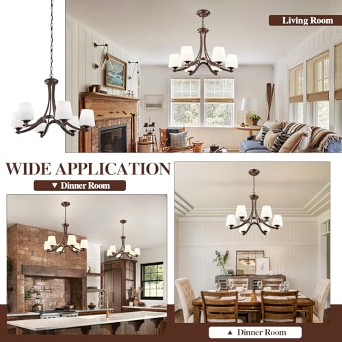 Image of 6-Light Oil Rubbed Bronze Farmhouse Chandelier Pendant Light Fixture with Frosted Glass, Matte Brown Rustic Ceiling Lighting Vintage Hanging Lamp for Dining Room Kitchen Island ,Height Adjustable