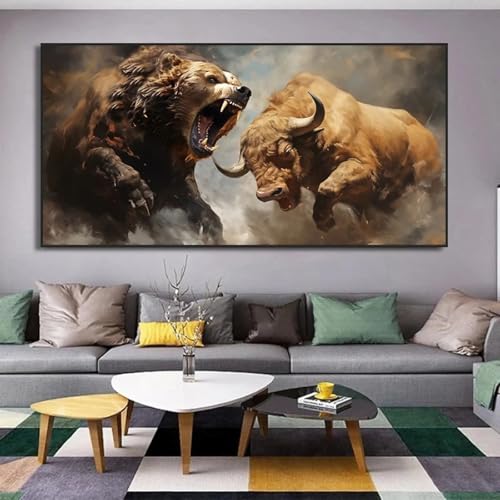 Tableau taureau et ours pour habiller un grand mur de salon nu