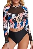 ATTRACO Womens Rash Guards UV Protection Crop Rash Guard Women Swimming Sets Sexy Pink Flower Medium