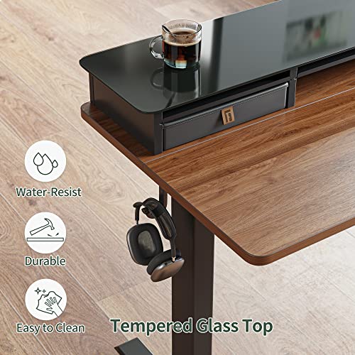 Fezibo Electric Standing Desk With Glass Top Monitor Stand,48 X 26 Inch Adjustable Sit Stand Up Table With Double Drawer, Sit Stand Desk With Storage Shelf, Black Frame/Black Walnut Top #TOP1