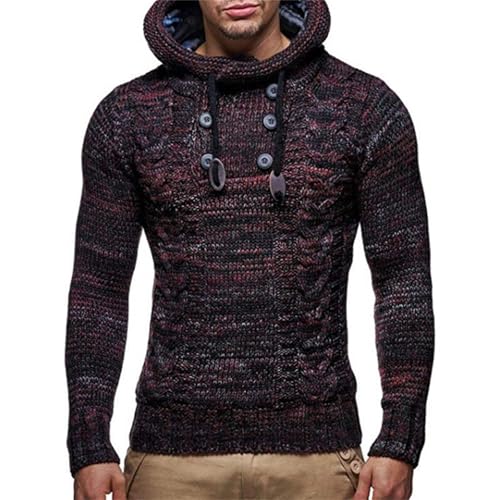 Men’s Knitted Pullover Drawstring Texture Long Sleeve Hipster Casual Hooded Slim Fit Basic Winter Sweater with Button2