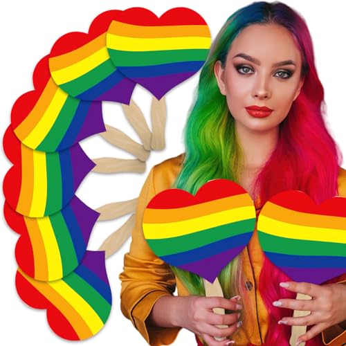 BASEMMAHER 6Pcs Rainbow Heart Hand Fan Fans Pride Colorful Heart Shape Hand Held Fan LGBT Wooden Handle Handheld Fan Pride Month Accessories for Wedding Parade Festival Events Dance Party Supplies